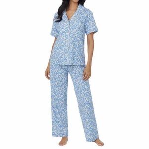 BEDHEAD Blue & white Floral Pajama Set button up top pull on pants pockets sz XL